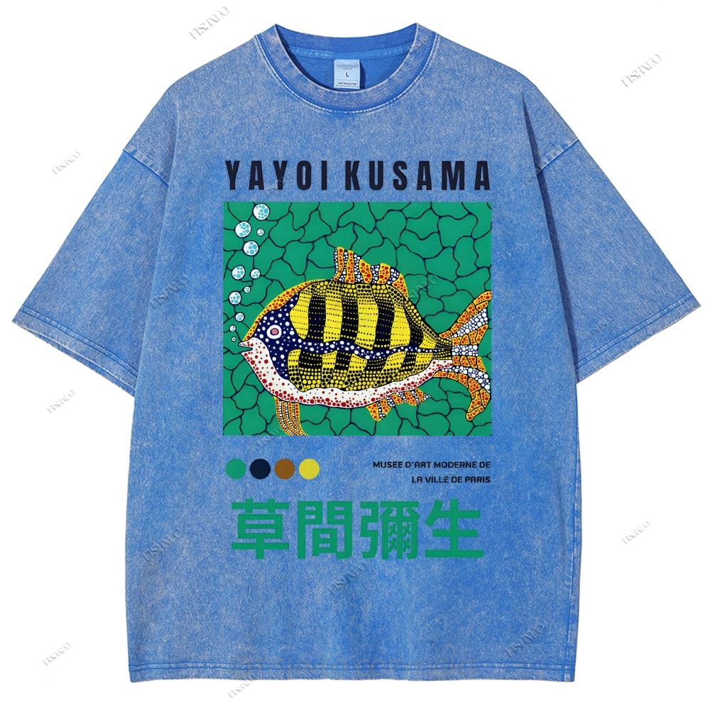 Unisex Artistic Geometric Fish Printed Washed Tee
