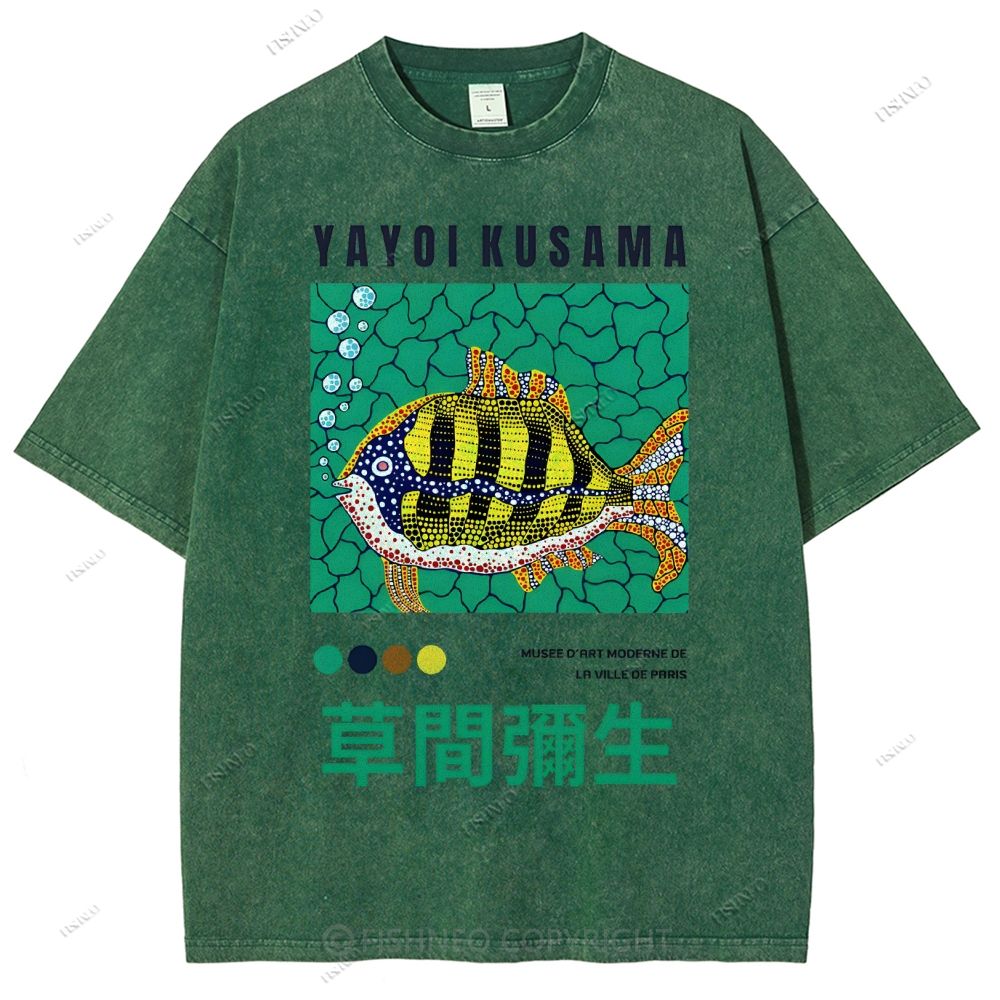 Unisex Artistic Geometric Fish Printed Washed Tee