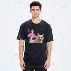Unisex Cat Printed Washed Tee