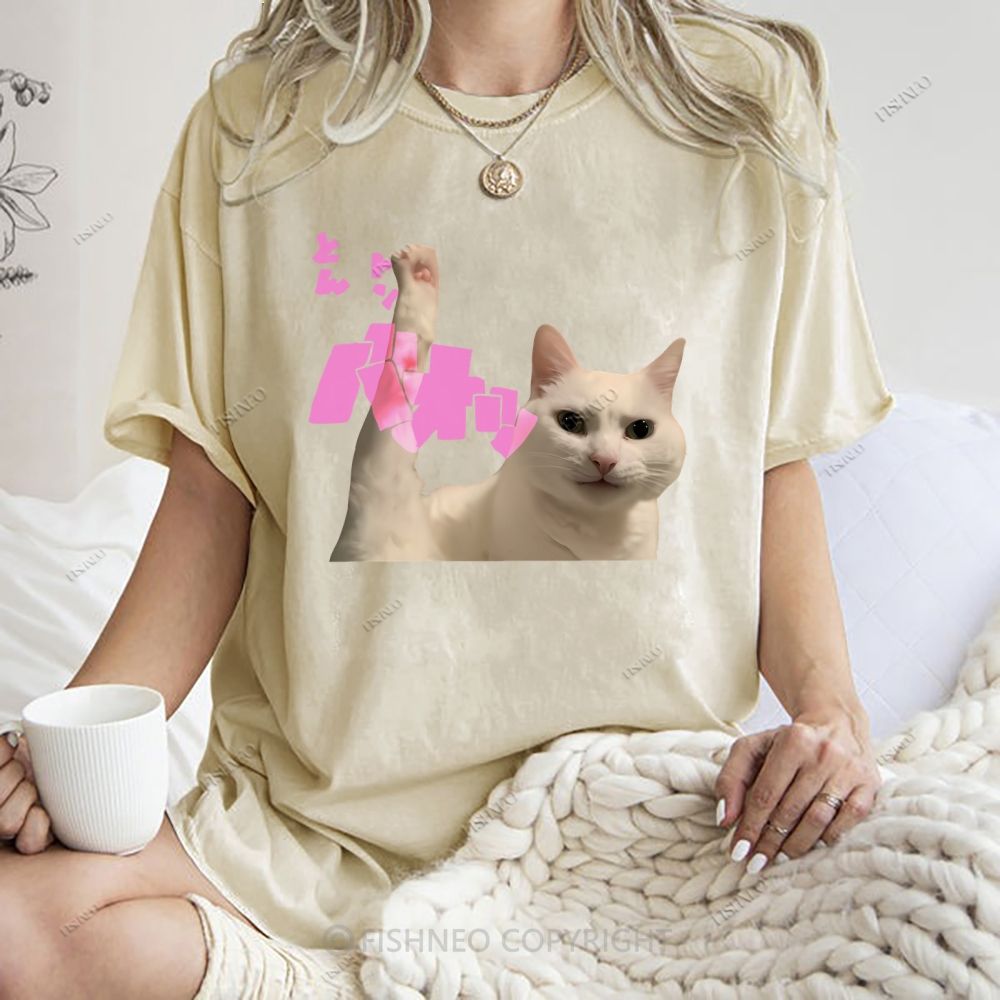 Unisex Cat Printed Washed Tee