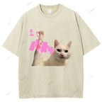 Unisex Cat Printed Washed Tee