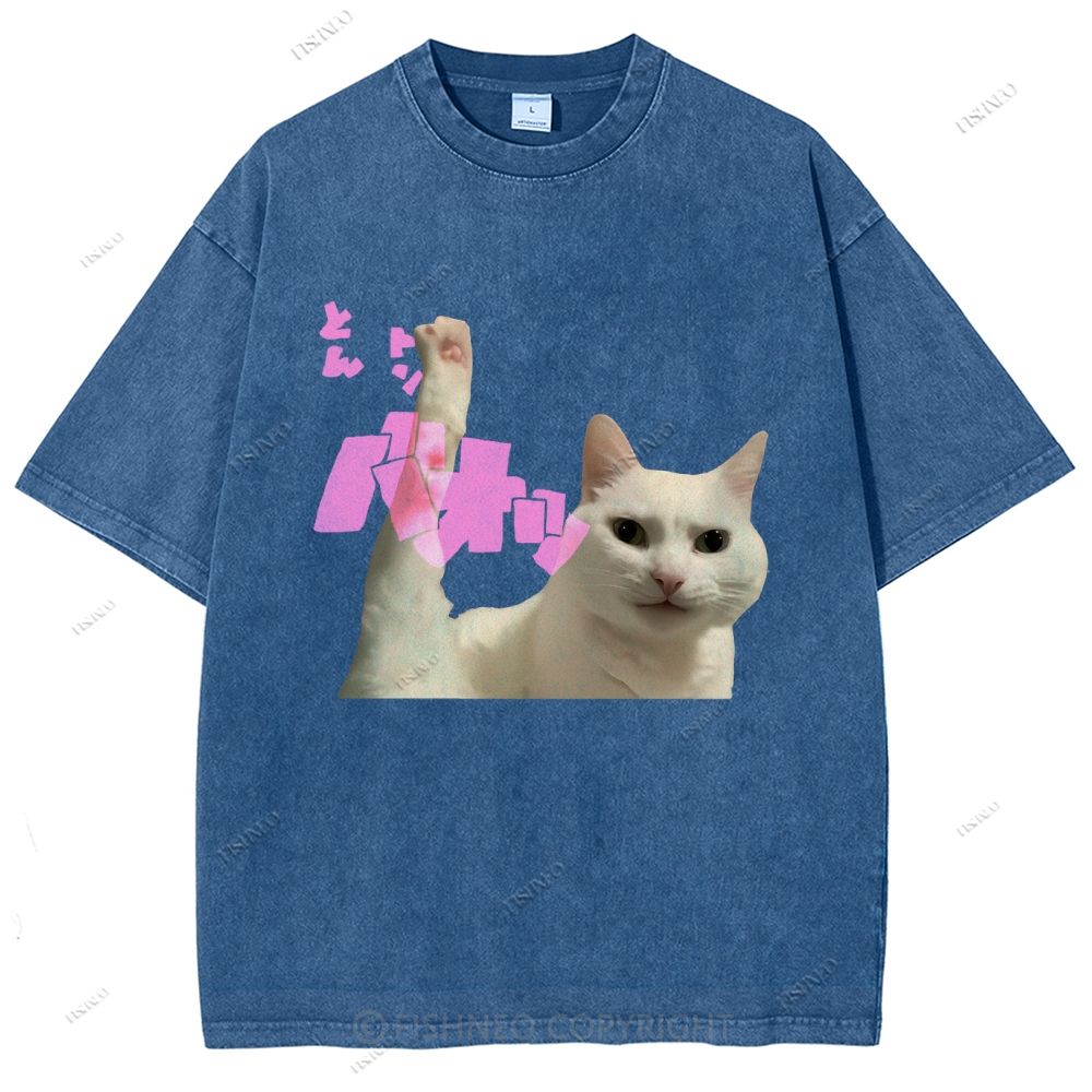 Unisex Cat Printed Washed Tee