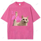 Unisex Cat Printed Washed Tee