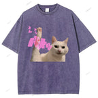 Unisex Cat Printed Washed Tee