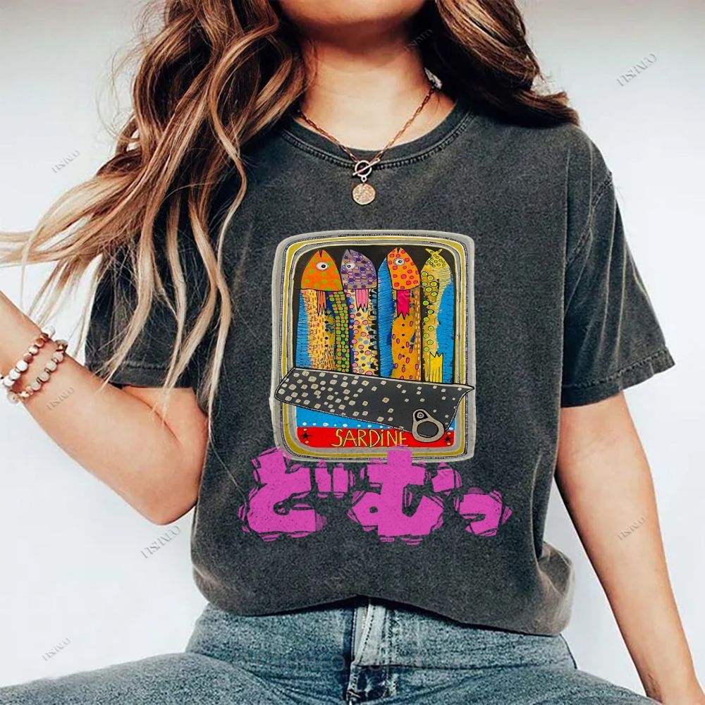 Unisex Japanese Sardine Printed Washed Tee