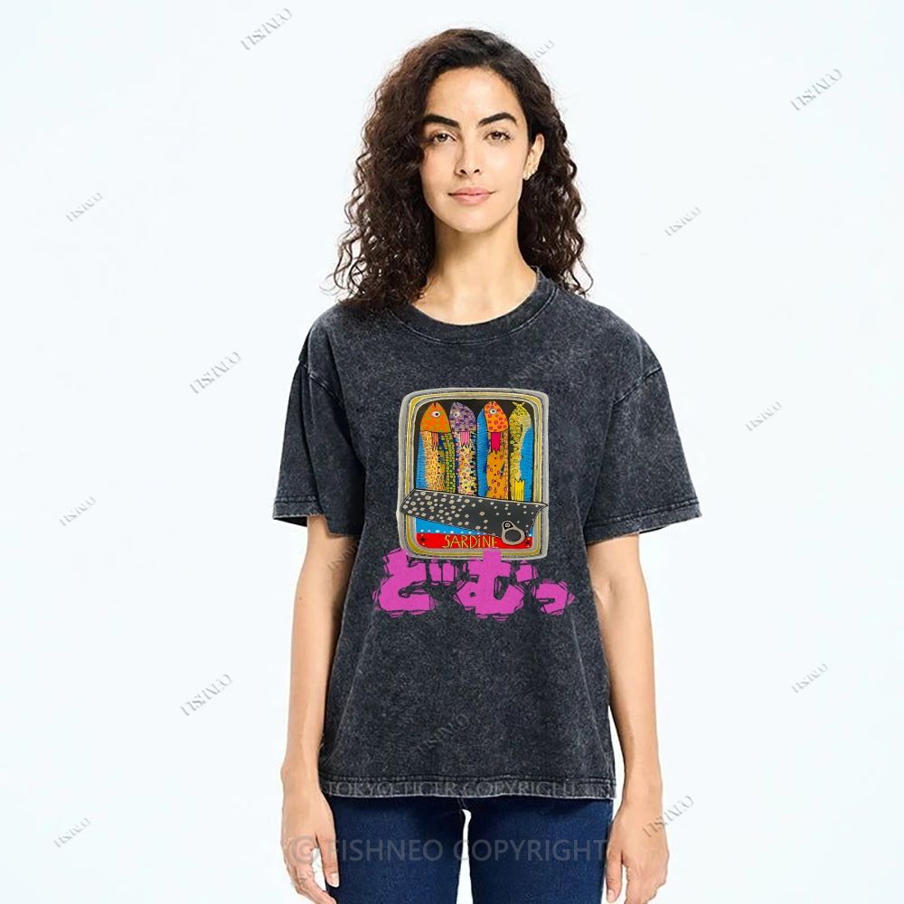 Unisex Japanese Sardine Printed Washed Tee