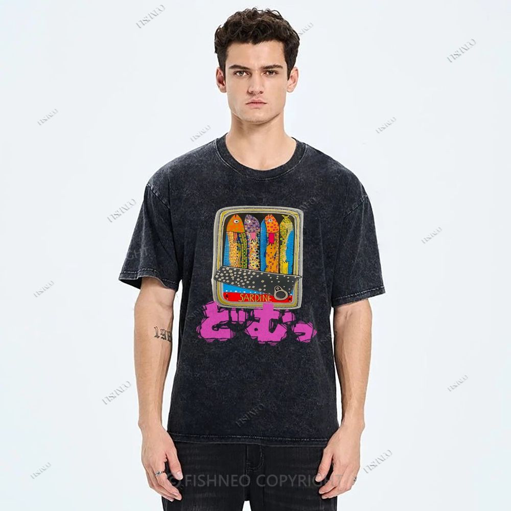 Unisex Japanese Sardine Printed Washed Tee