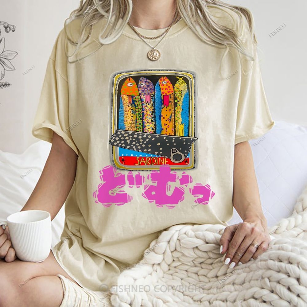 Unisex Japanese Sardine Printed Washed Tee