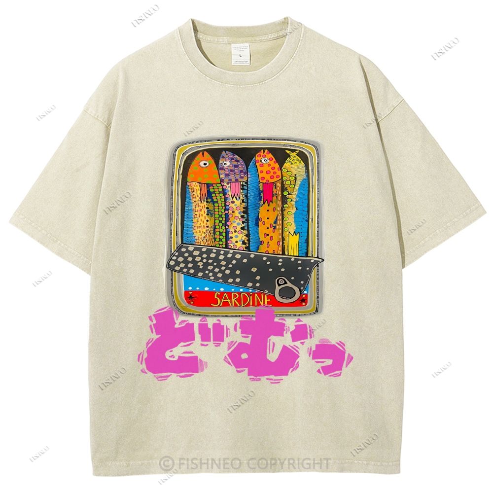 Unisex Japanese Sardine Printed Washed Tee