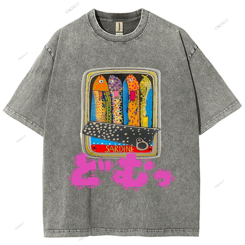 Unisex Japanese Sardine Printed Washed Tee