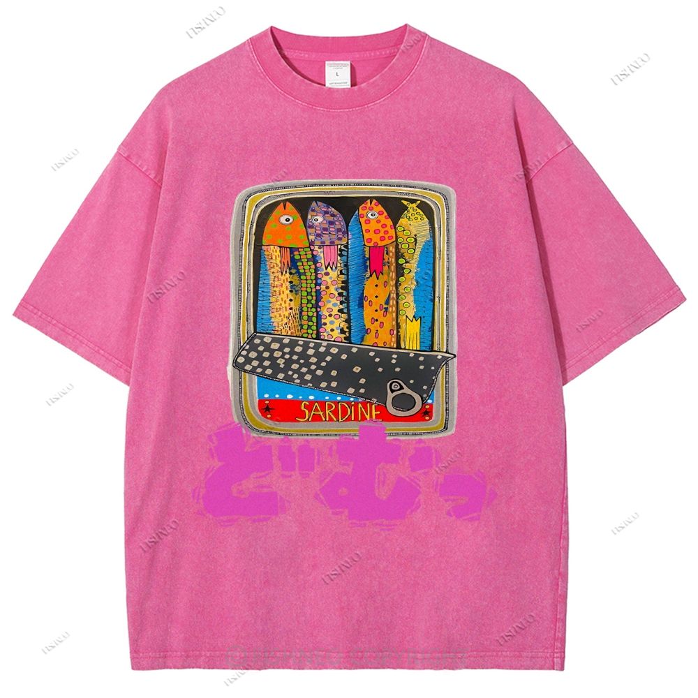 Unisex Japanese Sardine Printed Washed Tee