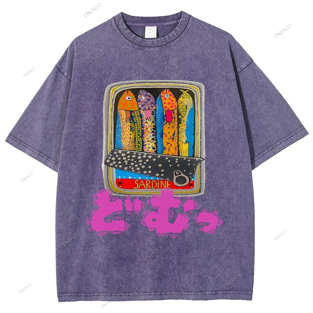 Unisex Japanese Sardine Printed Washed Tee