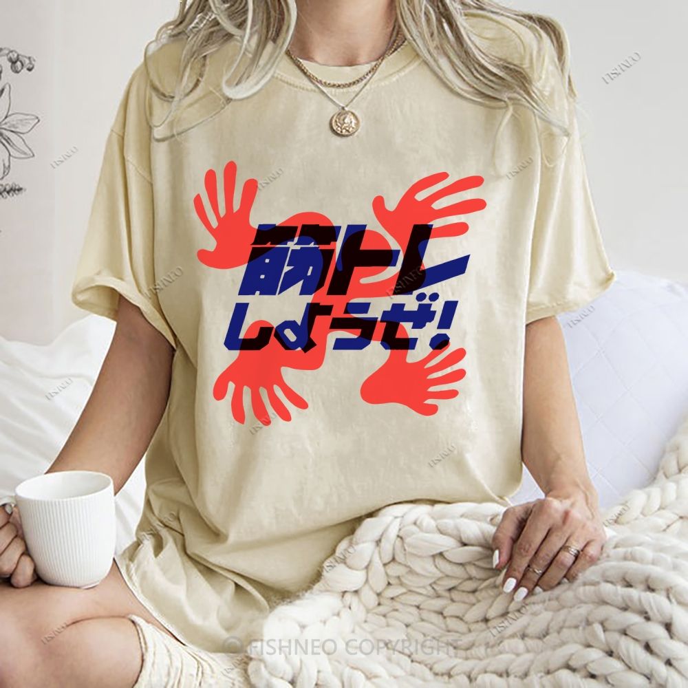 Unisex Japanese Graffiti Printed Washed Tee