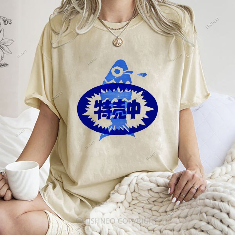 Unisex Japanese Fish Printed Washed Tee