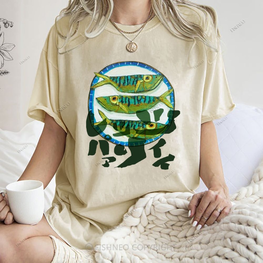 Unisex Japanese Fish Printed Washed Tee