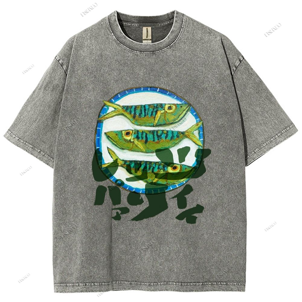 Unisex Japanese Fish Printed Washed Tee