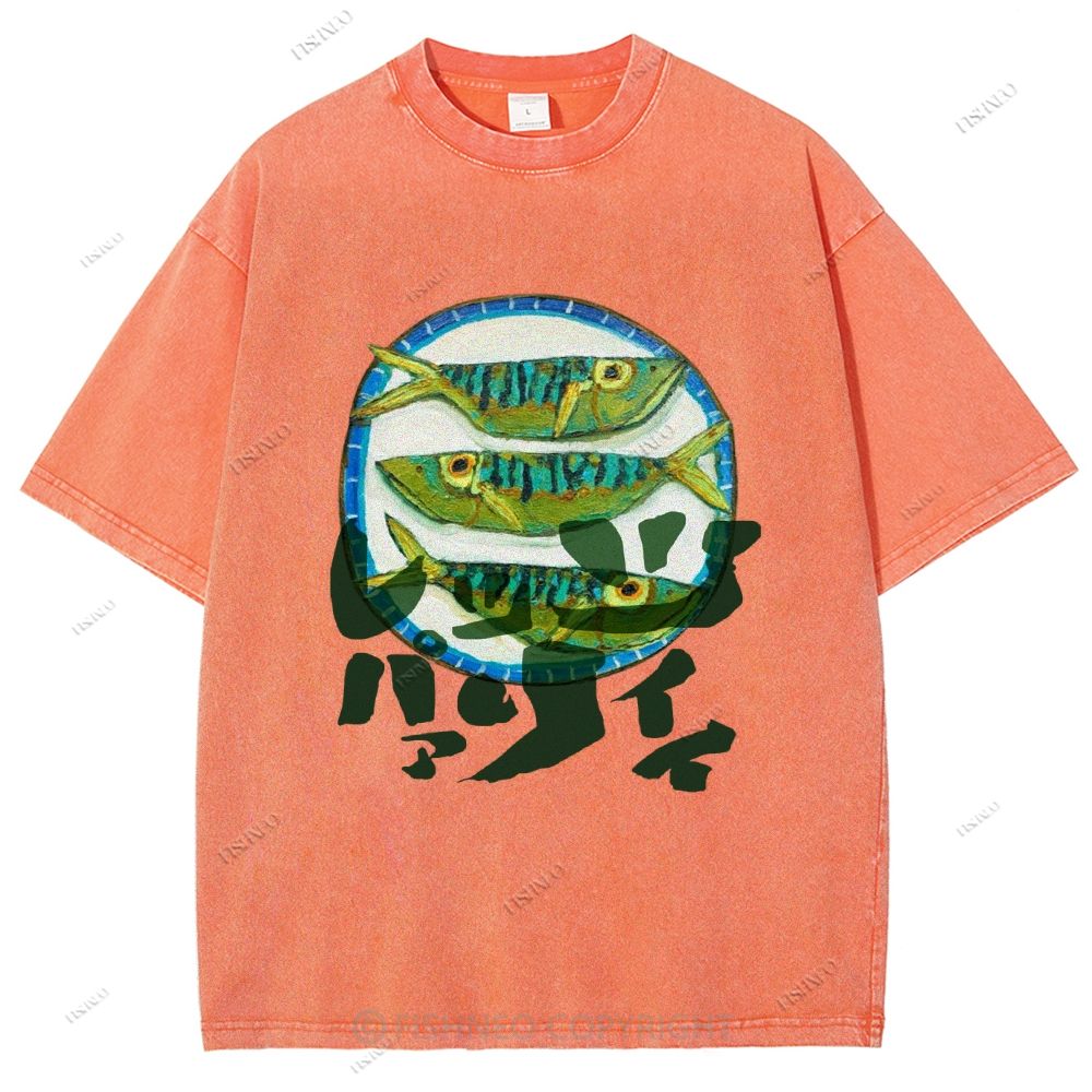 Unisex Japanese Fish Printed Washed Tee