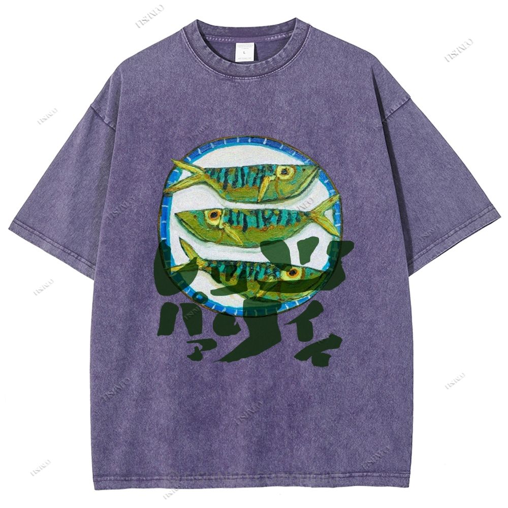 Unisex Japanese Fish Printed Washed Tee