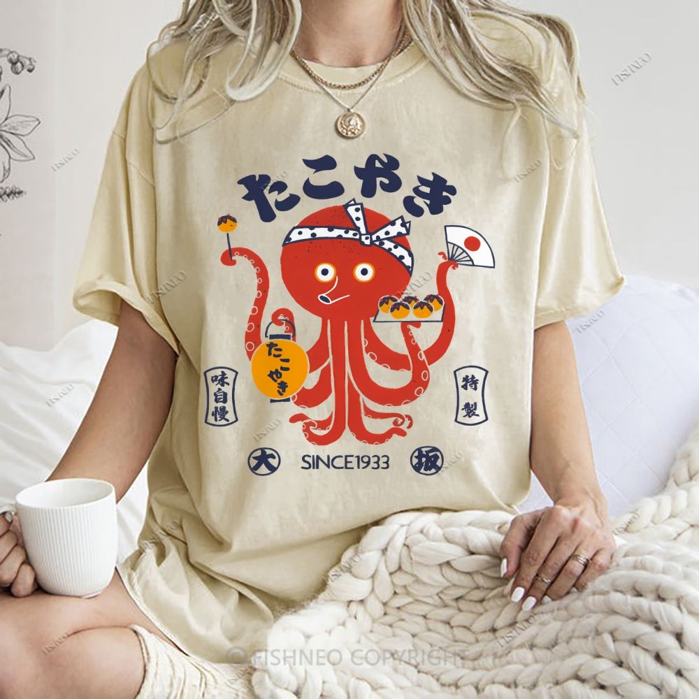 Unisex Japanese Octopus Printed Washed Tee