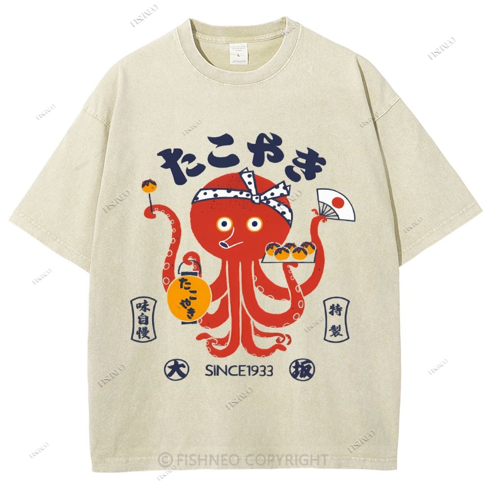 Unisex Japanese Octopus Printed Washed Tee