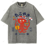 Unisex Japanese Octopus Printed Washed Tee