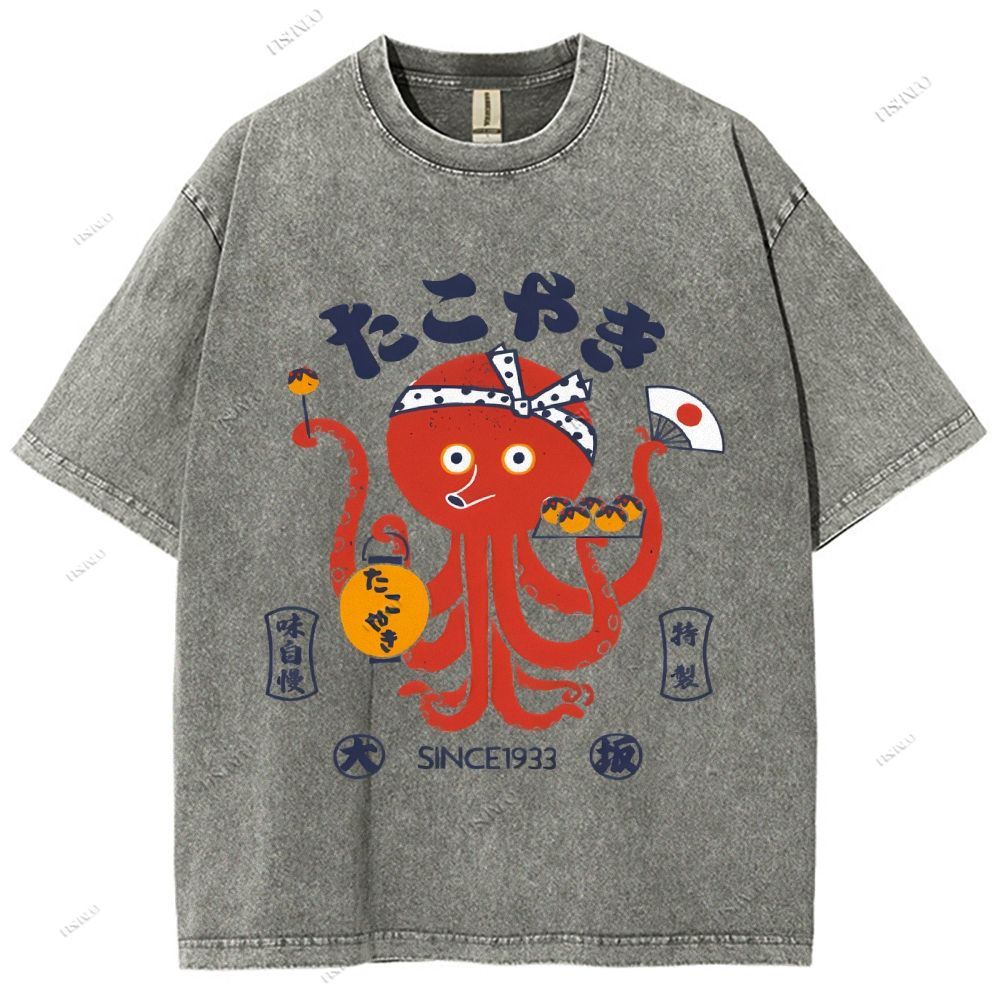 Unisex Japanese Octopus Printed Washed Tee