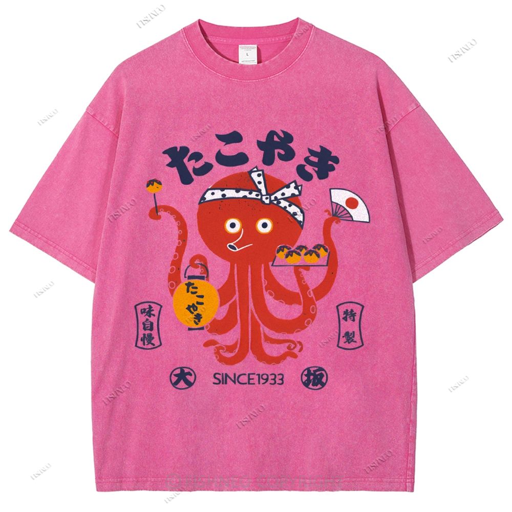 Unisex Japanese Octopus Printed Washed Tee