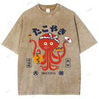 Unisex Japanese Octopus Printed Washed Tee