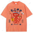 Unisex Japanese Octopus Printed Washed Tee