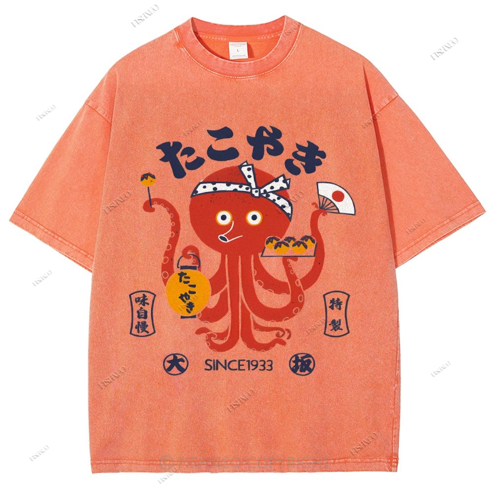 Unisex Japanese Octopus Printed Washed Tee