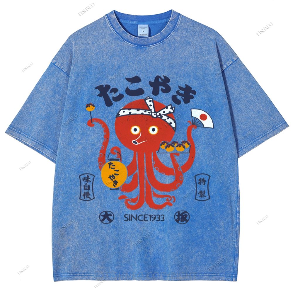 Unisex Japanese Octopus Printed Washed Tee