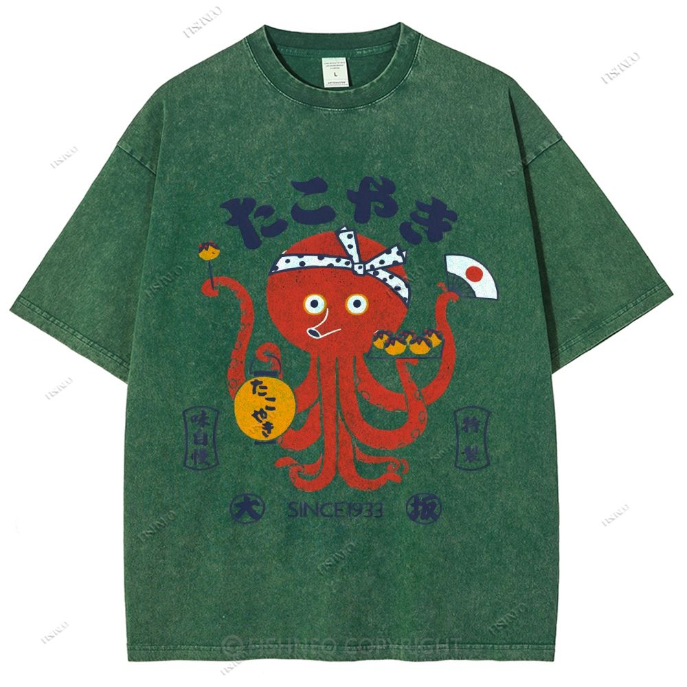 Unisex Japanese Octopus Printed Washed Tee