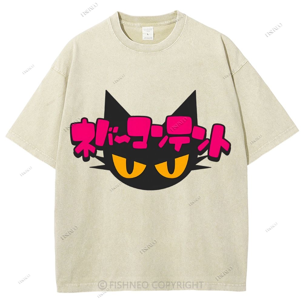 Unisex Japanese Cat Printed Washed Tee