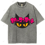 Unisex Japanese Cat Printed Washed Tee