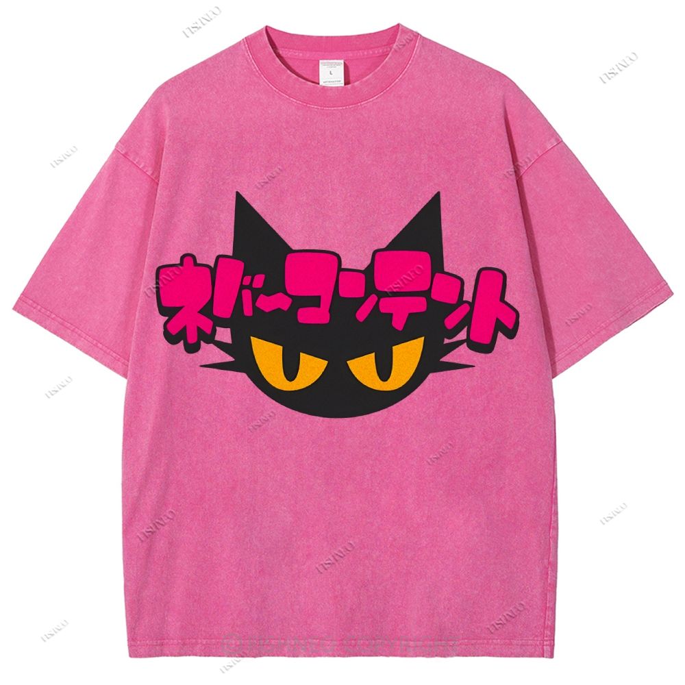 Unisex Japanese Cat Printed Washed Tee