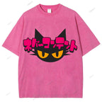 Unisex Japanese Cat Printed Washed Tee