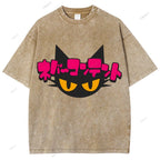 Unisex Japanese Cat Printed Washed Tee