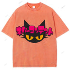Unisex Japanese Cat Printed Washed Tee
