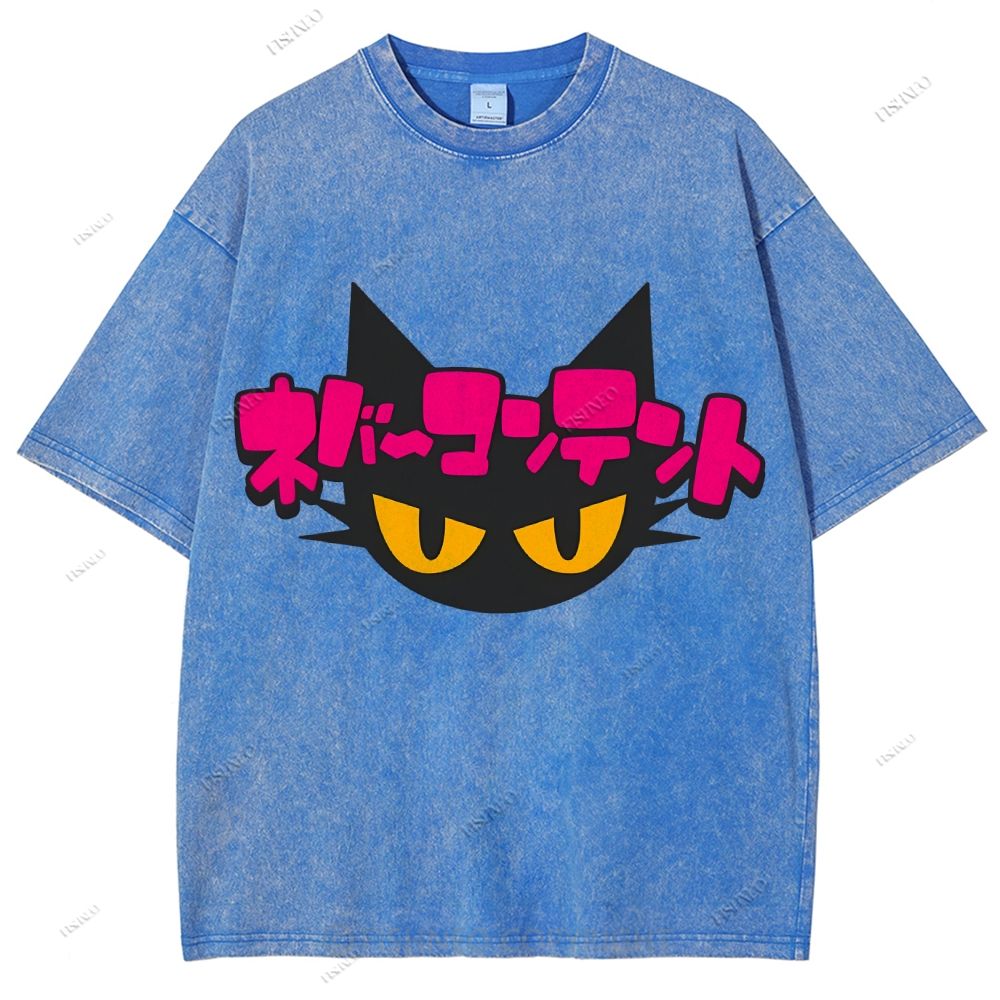 Unisex Japanese Cat Printed Washed Tee