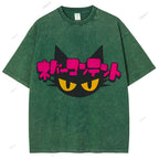 Unisex Japanese Cat Printed Washed Tee