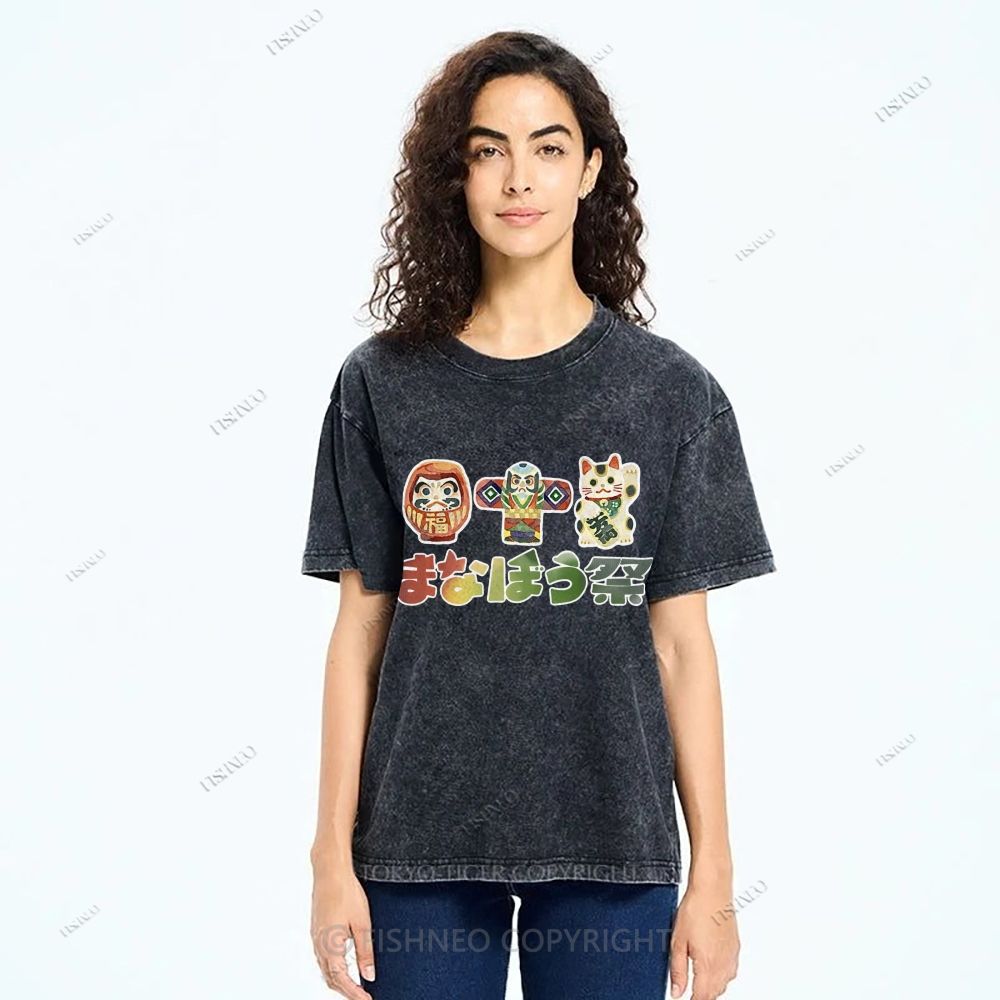 Unisex Japanese Graffiti Printed Washed Tee