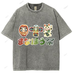 Unisex Japanese Graffiti Printed Washed Tee