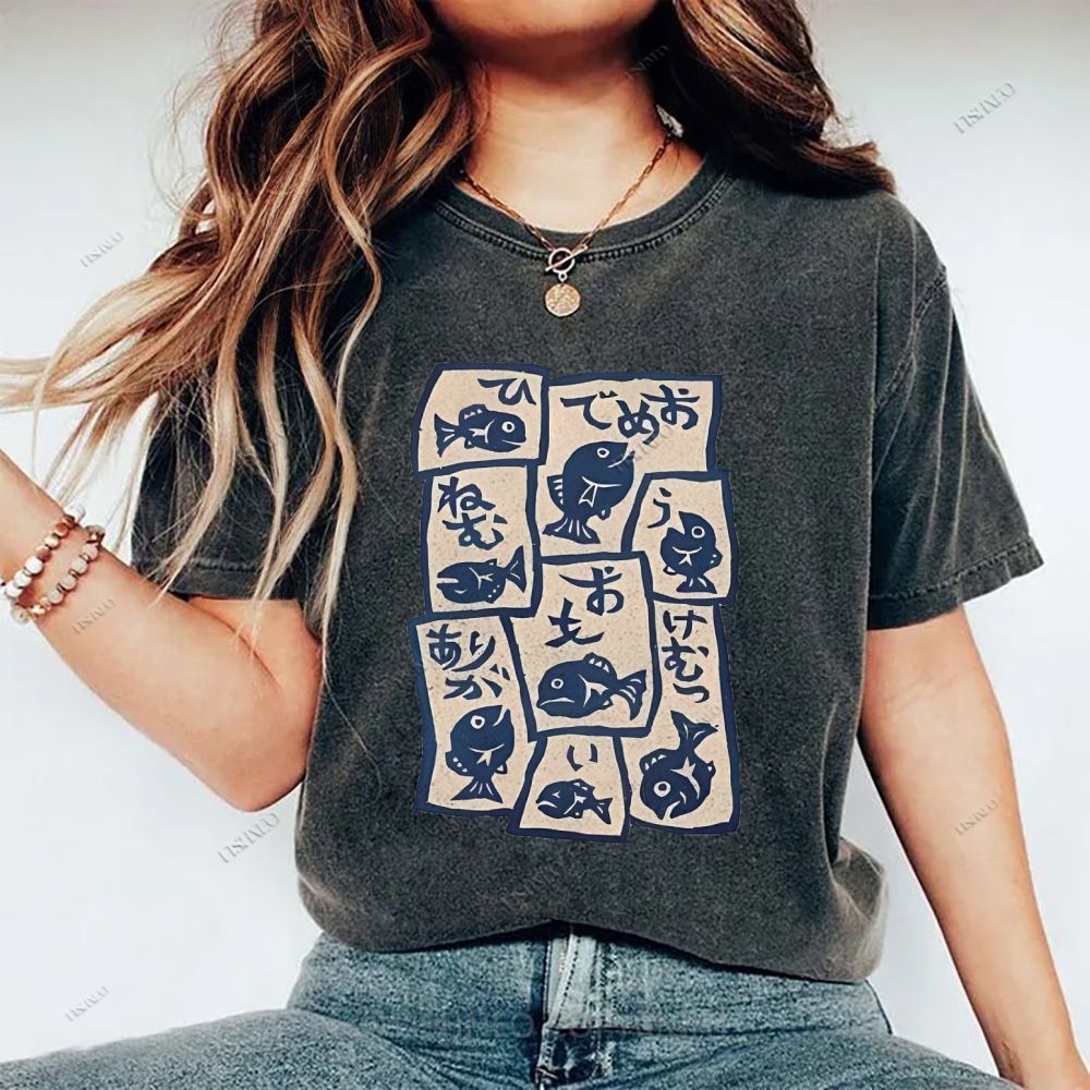 Unisex Japanese Fish Graffiti Printed Washed Tee