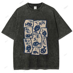 Unisex Japanese Fish Graffiti Printed Washed Tee