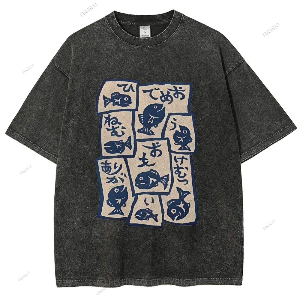 Unisex Japanese Fish Graffiti Printed Washed Tee