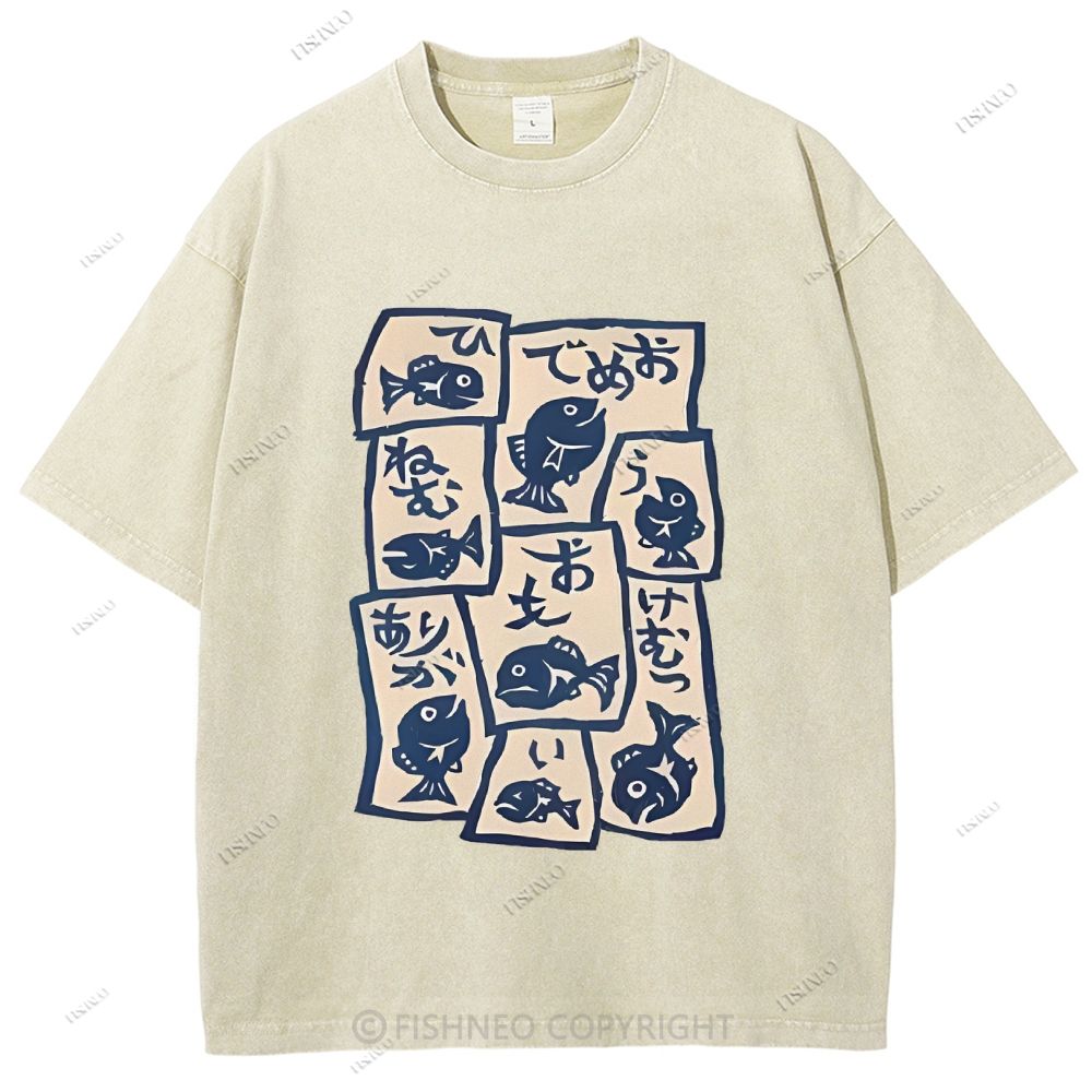 Unisex Japanese Fish Graffiti Printed Washed Tee