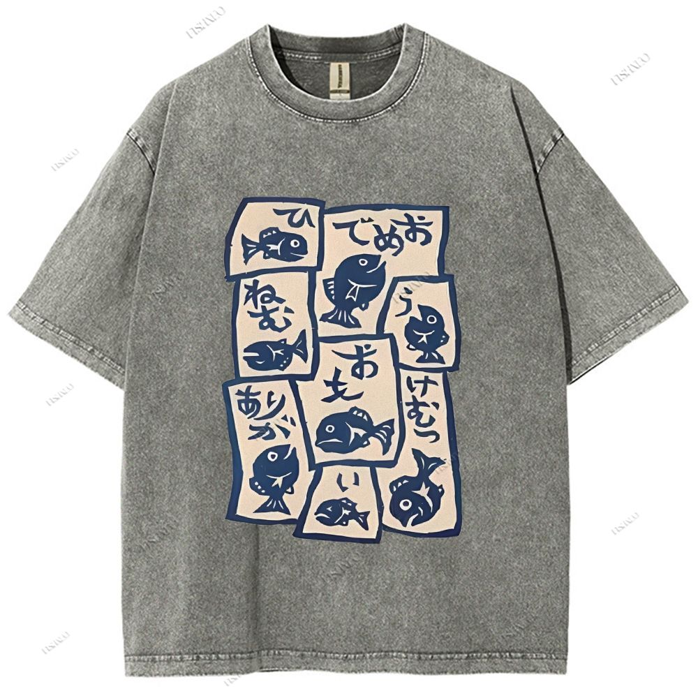 Unisex Japanese Fish Graffiti Printed Washed Tee