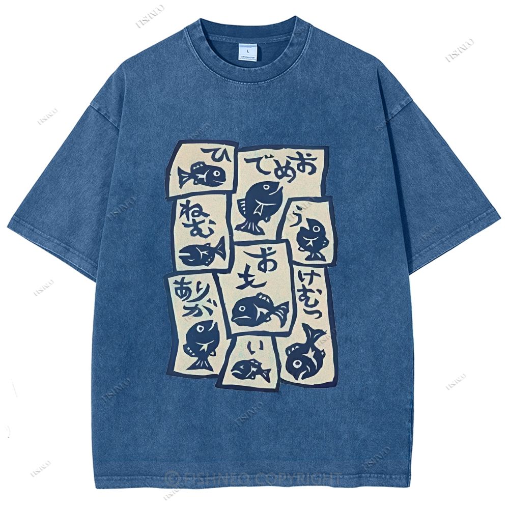 Unisex Japanese Fish Graffiti Printed Washed Tee