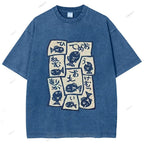 Unisex Japanese Fish Graffiti Printed Washed Tee