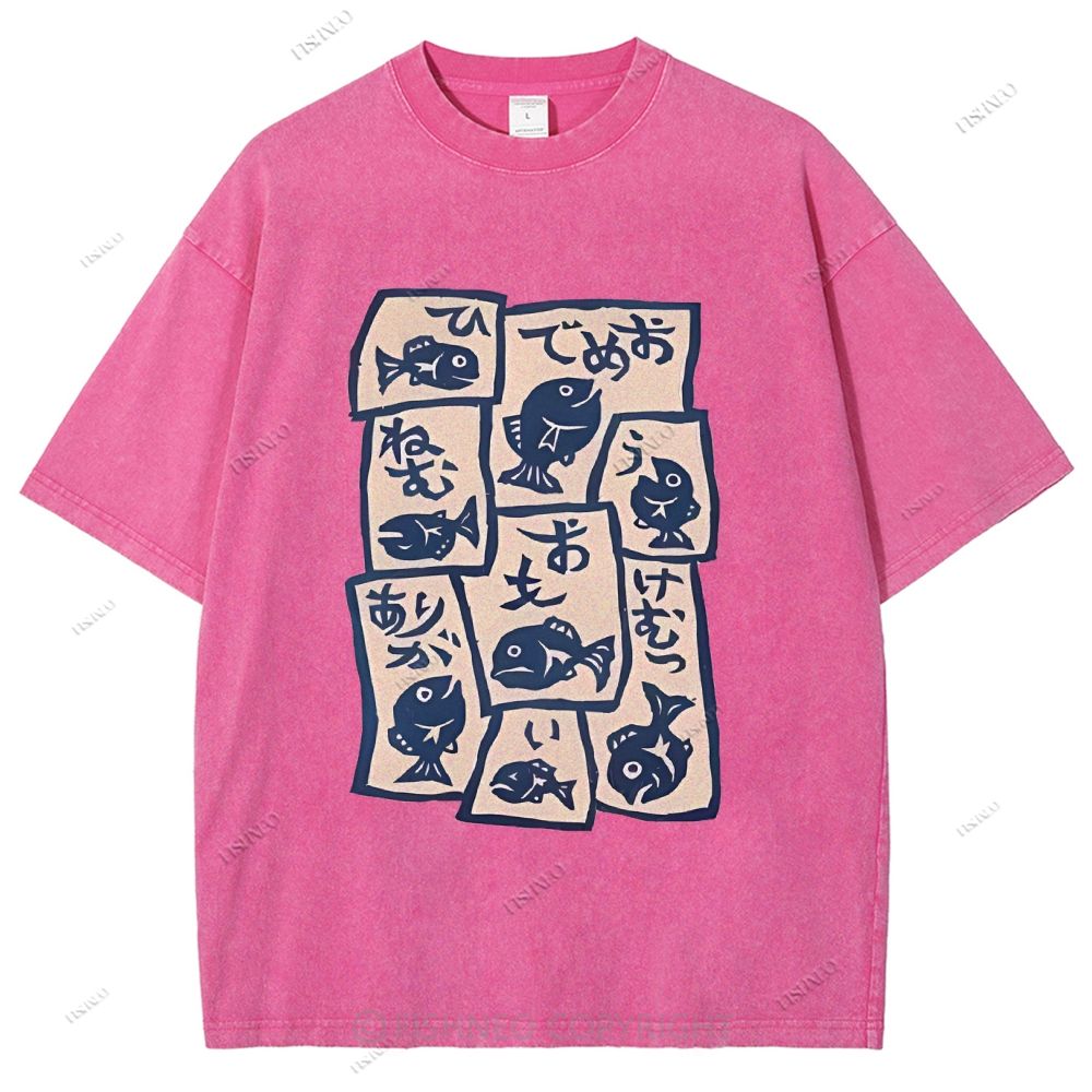 Unisex Japanese Fish Graffiti Printed Washed Tee